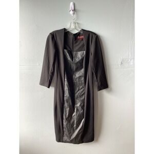 Hal Rubenstein Black Faux Leather Panel Sheath Dress 3/4 Sleeve Size M